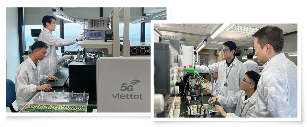 Ảnh trái: Cán bộ nghiên cứu với các thiết bị 5G do Viettel phát triển. Ảnh phải: Cán bộ Tập đoàn Viettel kiểm tra sản phẩm công nghiệp quốc phòng công nghệ cao.